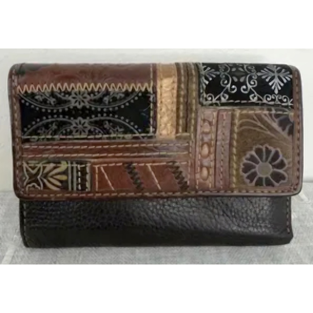Vintage Fossil Leather Y2K Talita Patchwork Flap Clutch Trifold Wallet Boho